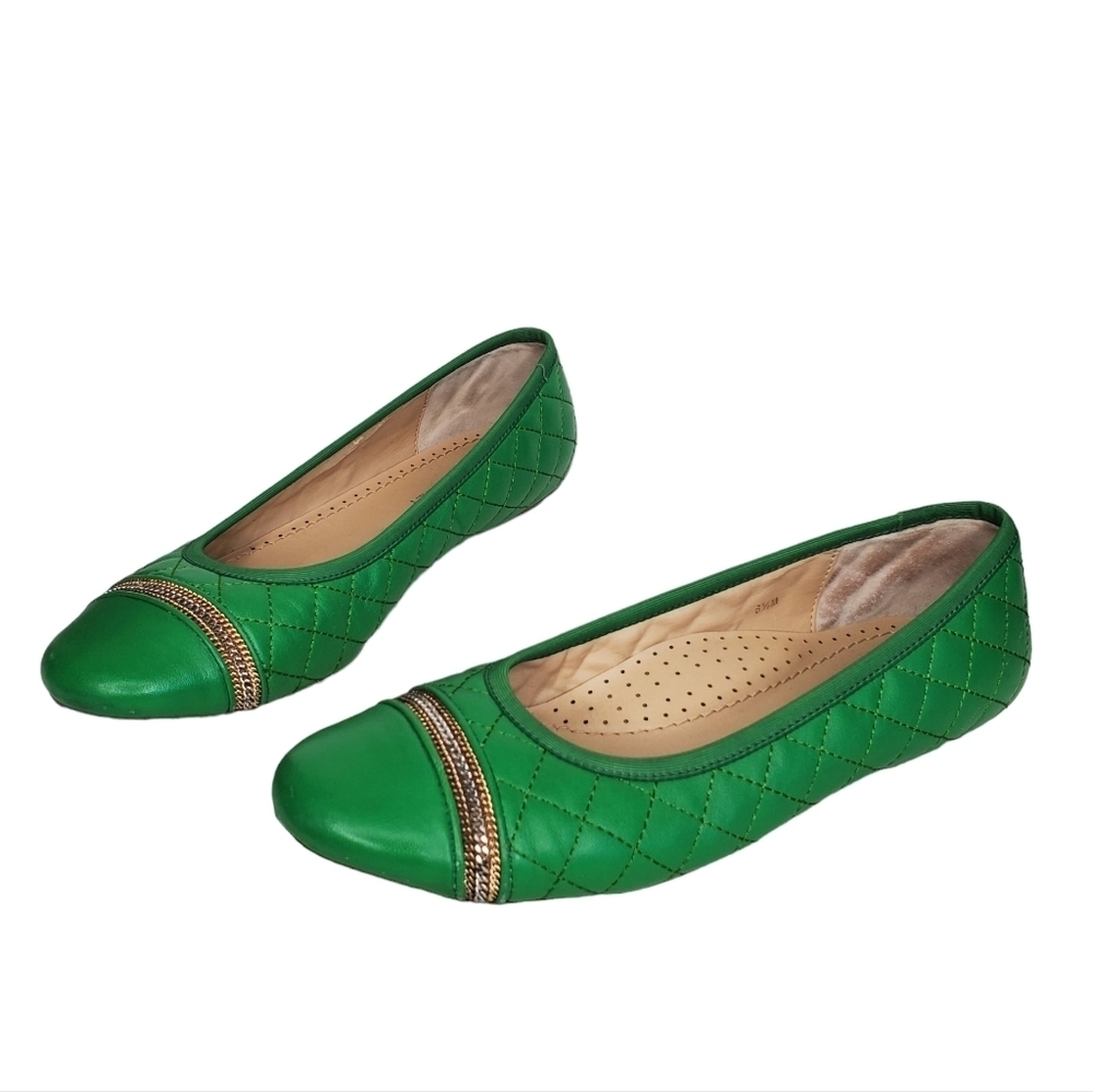 VANELI Bright Emerald Green Leather Flats, Quilted Pattern, Embellished Size 6.5